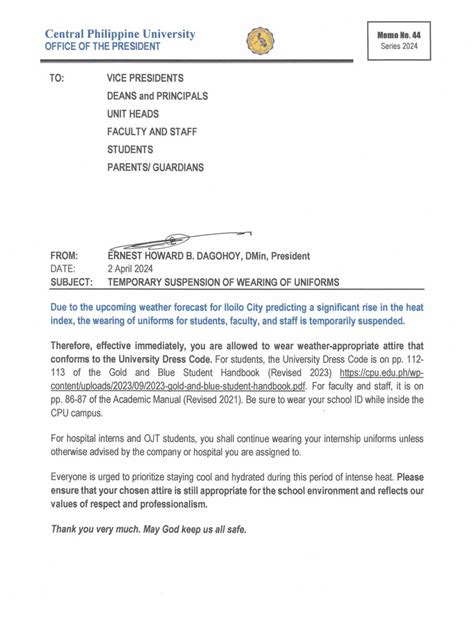 chmsu uniform|Temporary Suspension of Wearing the School Uniform.